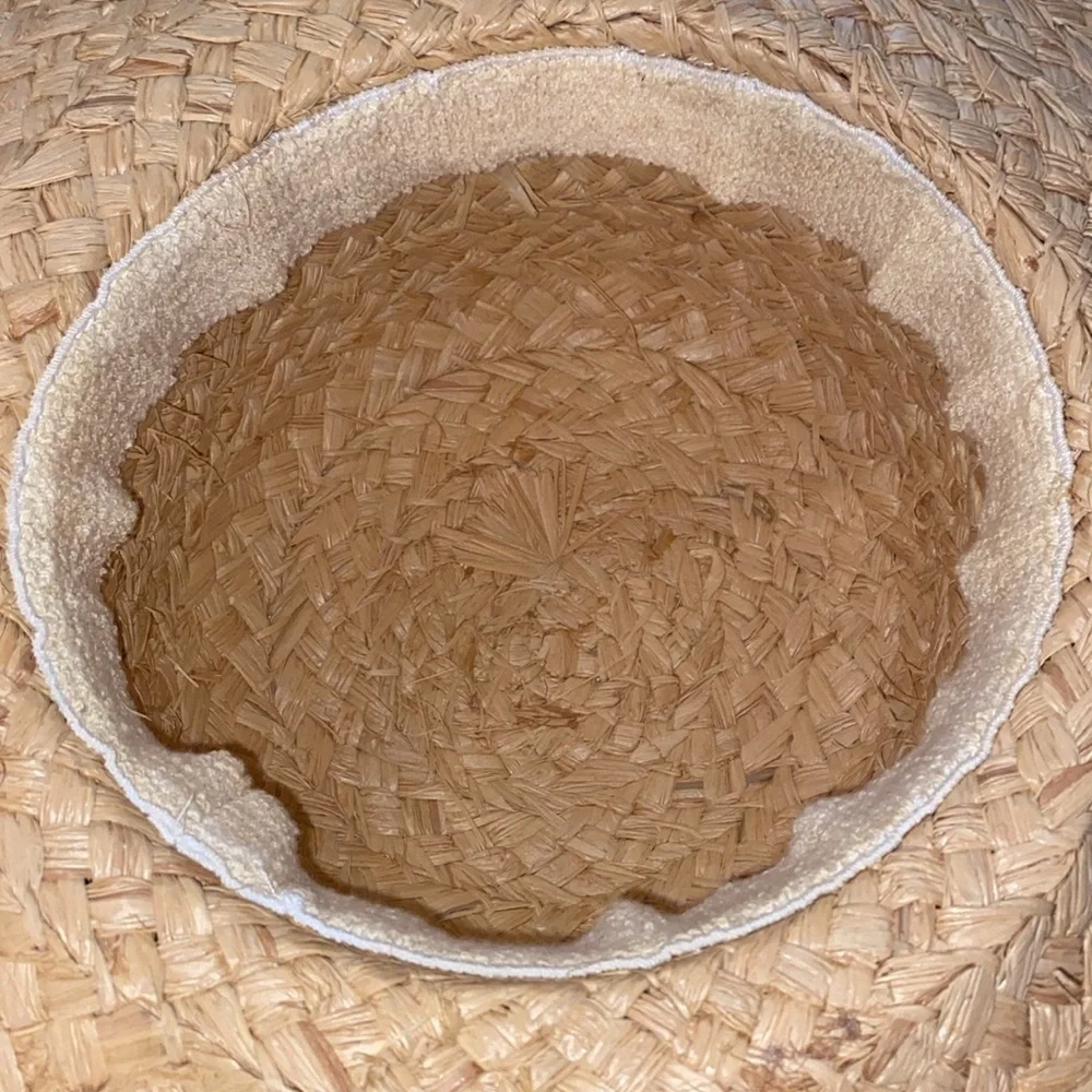 Rolled Brim Straw Hat with Black Ribbon Terry Cloth Inside Band SZ OS